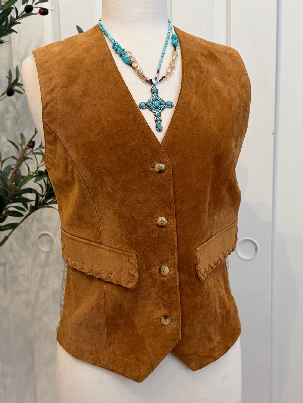 Pastille Suede Button-Front Vest in Cognac Brown